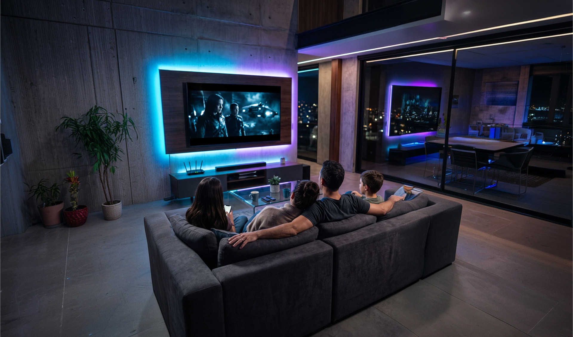 Family using a phone as a universal remote for a wall-mounted smart TV
